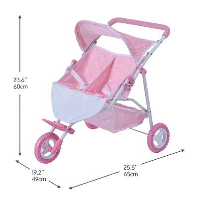Olivia's Little World Double Twin Baby Doll Pram Stroller Pink Stars OL-00012 8 Olivia's Little World Double Twin Baby Doll Pram Stroller Pink Stars OL-00012 - Image 6