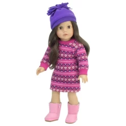 Sophia’s Fair Isle Knit Sweater Dress & Hat For 18” Dolls, Hot Pink/Purple