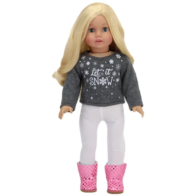 Sophia's - 18" Doll - "Let It Snow" Sweater, Lace Skirt, Leggings, Earmuffs, Pocket Scarf & Ewe Boots - Grey/White/Pink 6 Sophia's - 18" Doll - "Let It Snow" Sweater, Lace Skirt, Leggings, Earmuffs, Pocket Scarf & Ewe Boots - Grey/White/Pink - Image 4
