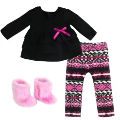 Sophia’s Ikat Print Knit Leggings, Long-Sleeved Top, & Fuzzy Boots Outfit For 18” Dolls, Hot Pink/Black