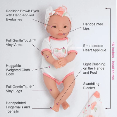 Paradise Galleries Newborn Baby Doll 16 Inch Reborn Preemie, Swaddlers: Peach Blossom, Safety Tested For 3+, 4-Piece Set 4 Paradise Galleries Newborn Baby Doll 16 Inch Reborn Preemie, Swaddlers: Peach Blossom, Safety Tested For 3+, 4-Piece Set - Image 2