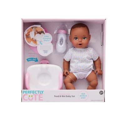 Perfectly Cute Feed & Wet 14" Baby Set - Brunette With Brown Eyes 3 Perfectly Cute Feed & Wet 14" Baby Set - Brunette With Brown Eyes
