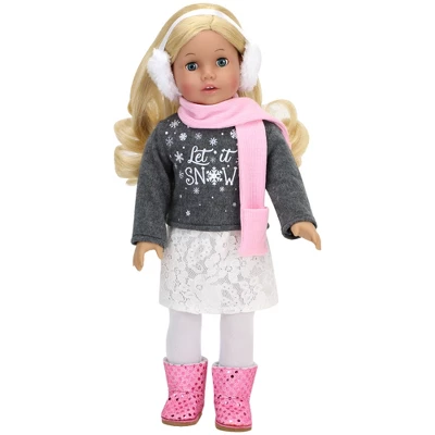 Sophia's - 18" Doll - "Let It Snow" Sweater, Lace Skirt, Leggings, Earmuffs, Pocket Scarf & Ewe Boots - Grey/White/Pink 3 Sophia's - 18" Doll - "Let It Snow" Sweater, Lace Skirt, Leggings, Earmuffs, Pocket Scarf & Ewe Boots - Grey/White/Pink